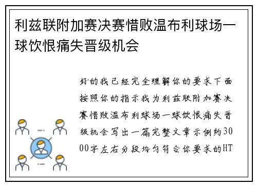 利兹联附加赛决赛惜败温布利球场一球饮恨痛失晋级机会
